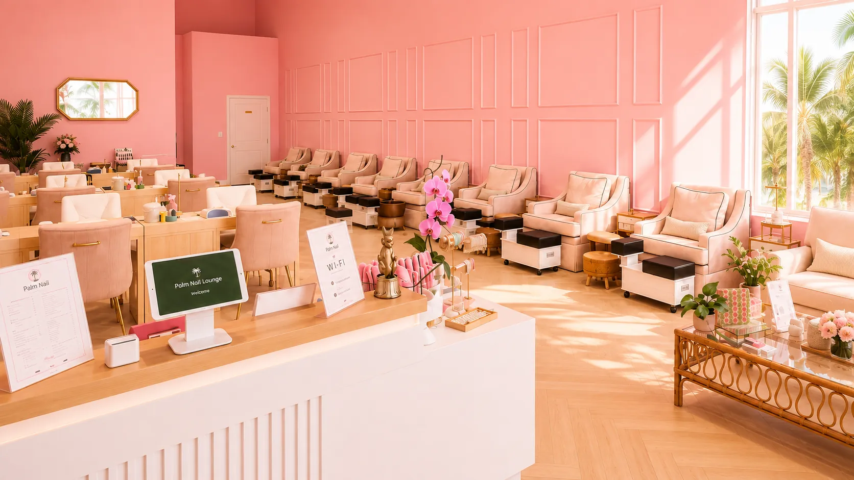 Palm Nail Lounge reception desk with pedicure chairs along a pink paneled wall