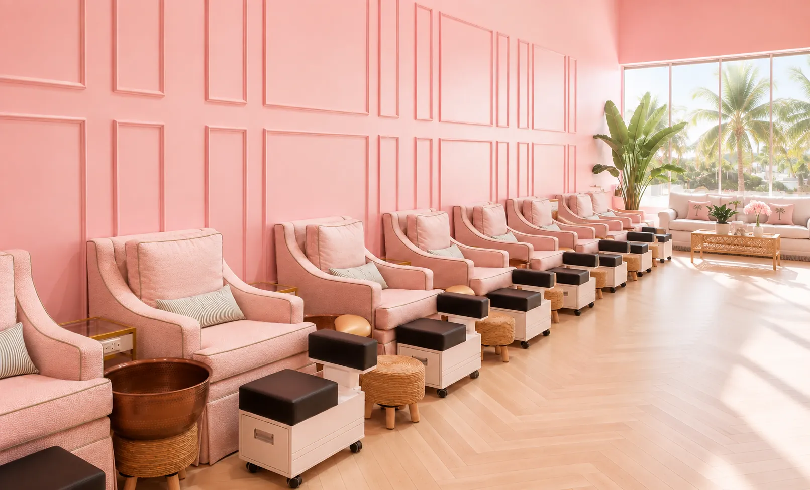 Row of pink pedicure chairs along a paneled pink wall at Palm Nail Lounge