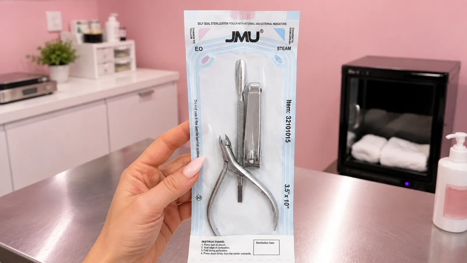 Hand holding a sealed sterilization pouch of nail tools beside a towel warmer